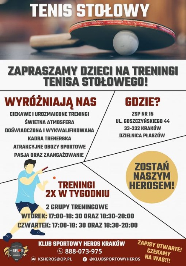 Treningi tenisa stołowego dla dzieci Kraków Klub Sportowy Heros