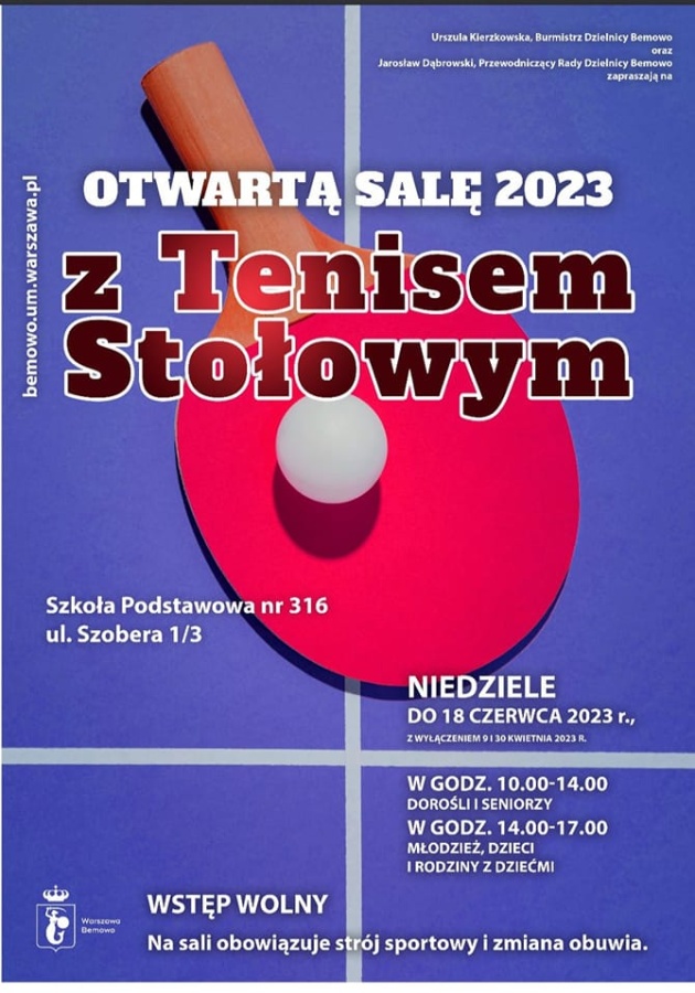 Otwarte sala 2023 z tenisem stołowym Warszawa Bemowo